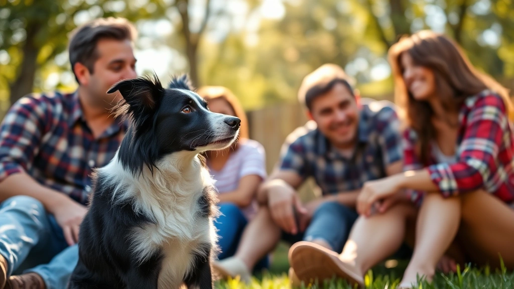 how to teach a dog their name -
Photorealistic image of a family in a backyard with a black and white border co