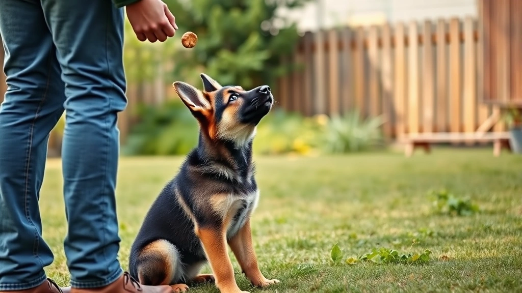 how to teach a dog to heel -
Photorealistic image of a german shepherd puppy learning heel position from a t