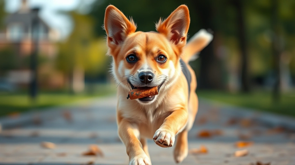 how to teach a dog to retrieve -
Photorealistic image of a small mixed-breed dog running toward camera with a to