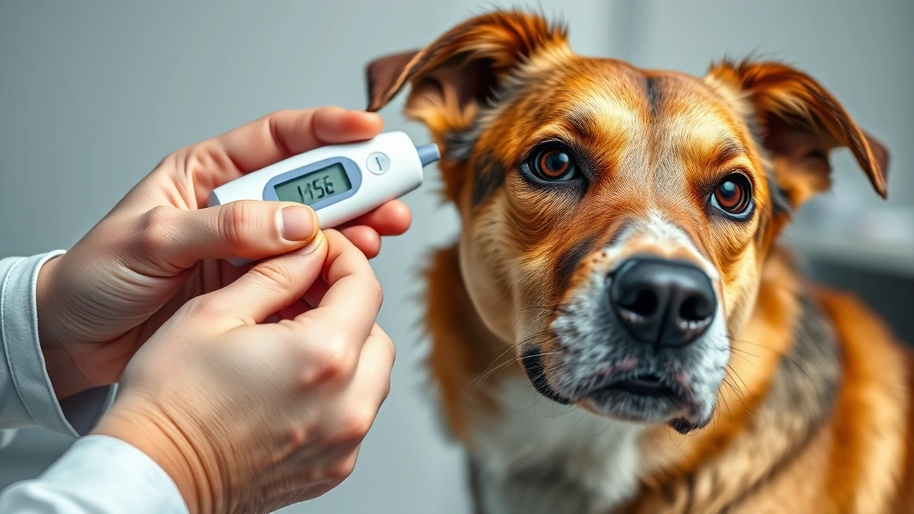 how to tell if a dog has a fever -
Photorealistic image of a veterinarian’s hands gently taking a dog’