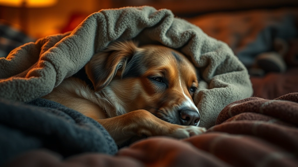 how to tell if a dog has a fever -
Photorealistic image of a feverish dog curled up under blankets seeking warmth,
