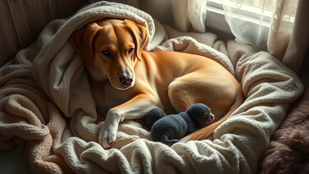 how to tell if a dog is pregnant -
Photorealistic image of a pregnant dog nesting in blankets and bedding, creatin
