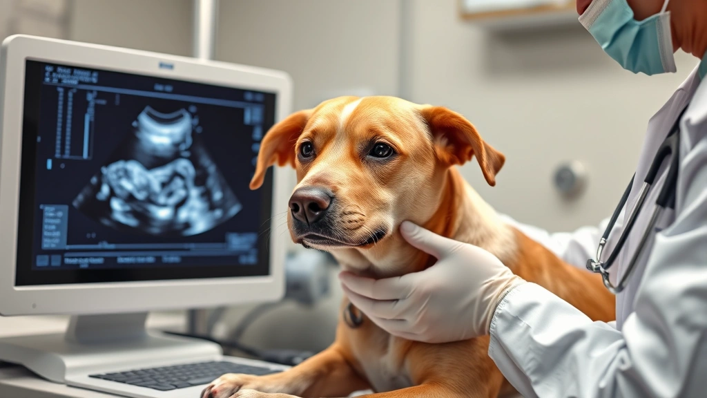 how to tell if a dog is pregnant -
Photorealistic veterinary ultrasound scene showing a pregnant dog at the vet cl