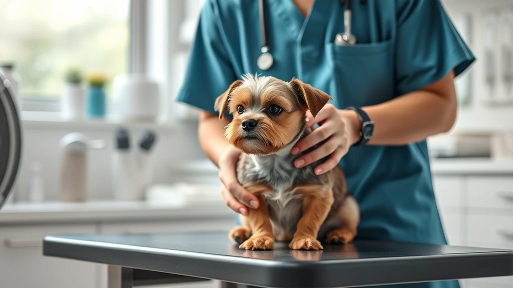 how to tell if dog has bladder infection -
Photorealistic image of a veterinarian in a clinic examining a small terrier do