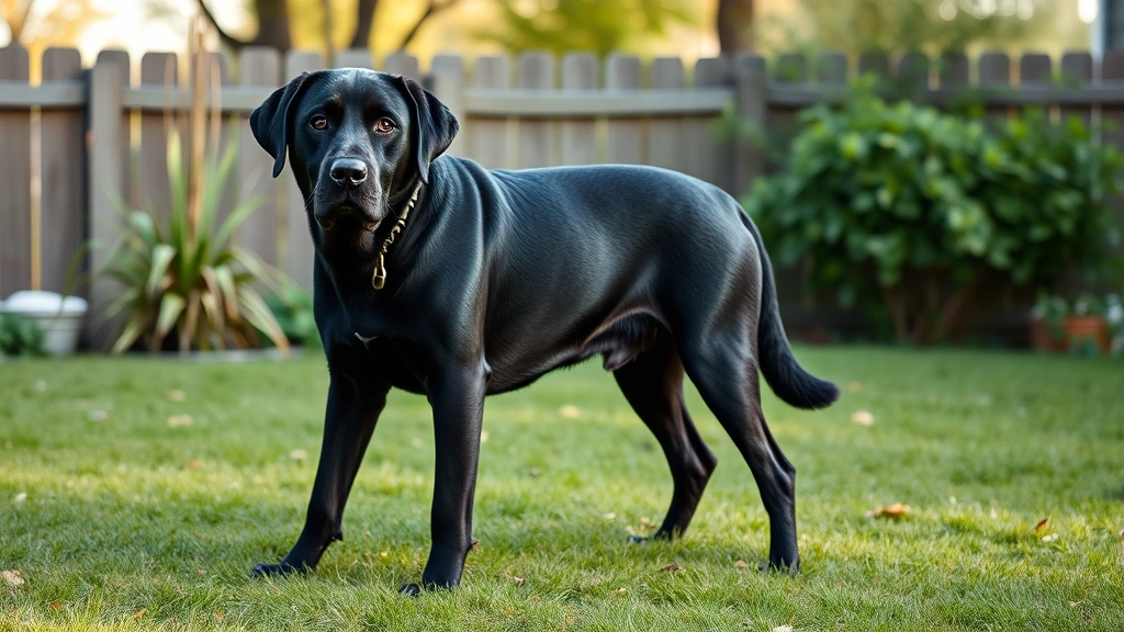 how to tell if dog has bladder infection -
Photorealistic photo of a black Labrador standing in a yard during daytime
