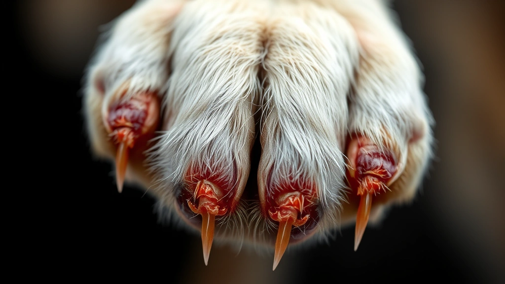 how to tell if dog has ringworm -
Photorealistic image of a dog’s paw showing thickened discolored brittle 