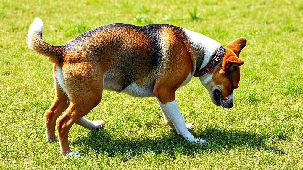 how to tell if dog is constipated -
Photorealistic image of a dog in play bow position with hunched back on grass, 