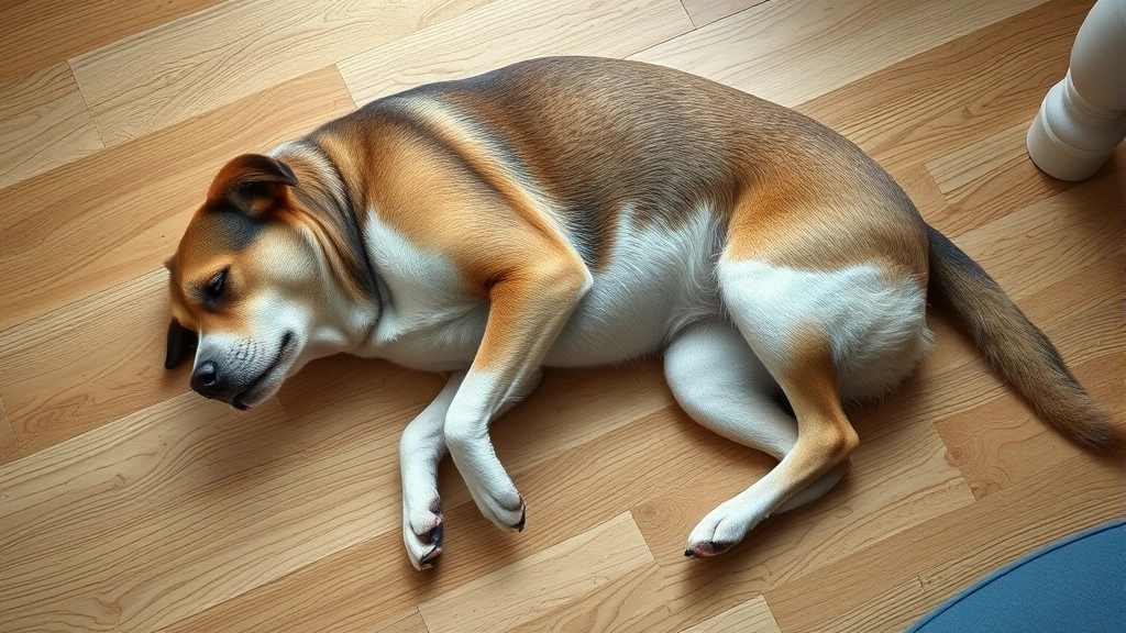 how to tell if dog is constipated -
Photorealistic overhead view of a dog lying down on a hardwood floor looking le