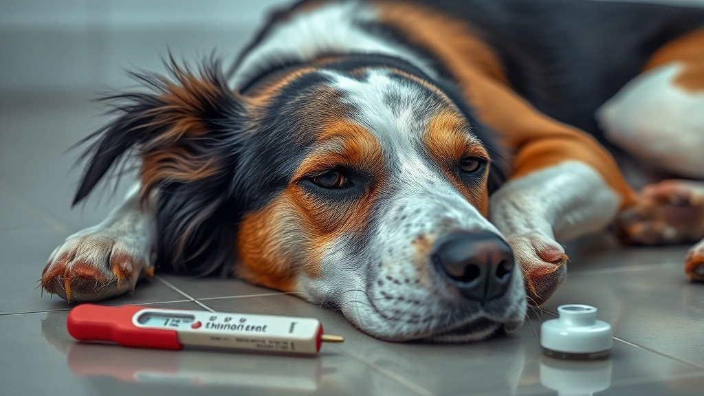 how to tell if my dog has a fever -
Photorealistic image of a dog lying on a cool tile floor looking lethargic and 