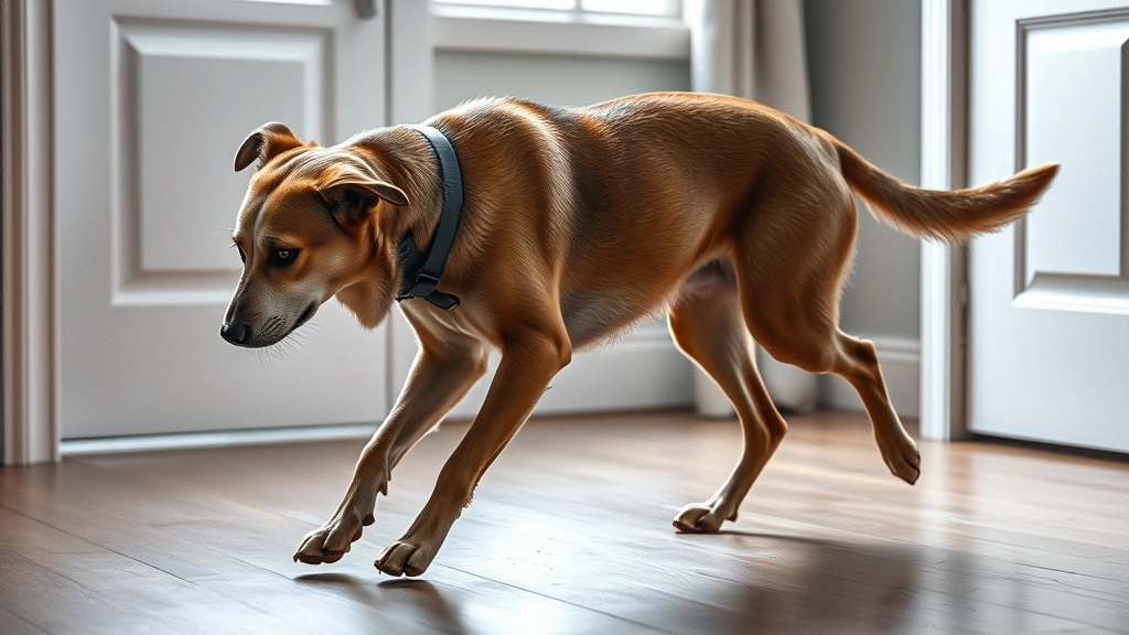 how to tell if your dog has bloat -
Photorealistic image of a dog pacing restlessly indoors, showing body language 