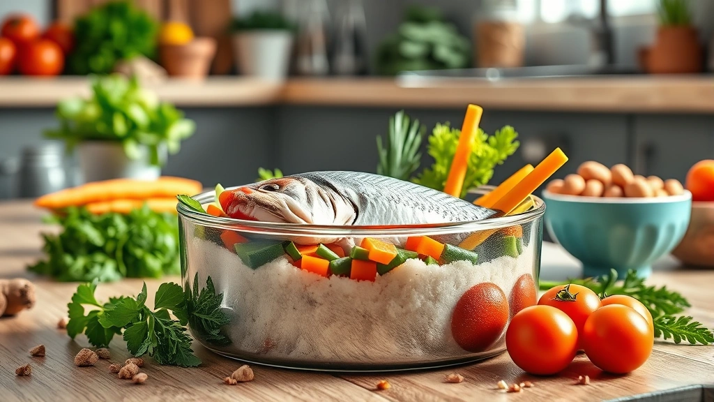 how to treat a limping dog at home -
Photorealistic image of healthy dog food bowl containing fish, vegetables, and 