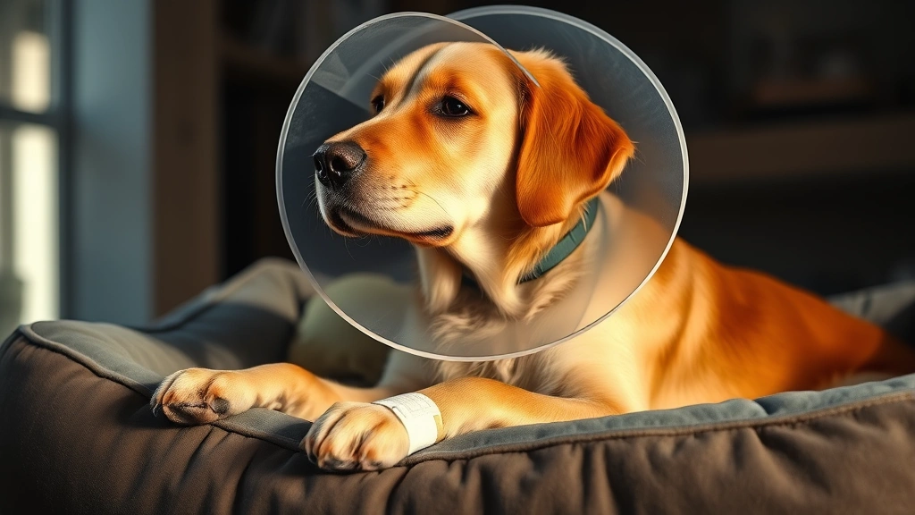 how to treat an open wound on a dog -
Photorealistic image of a golden retriever wearing an Elizabethan cone collar w