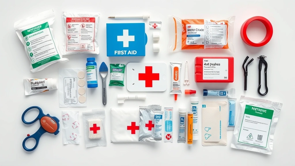 how to treat an open wound on a dog -
Photorealistic overhead view of a pet first aid kit laid out with bandages, ant