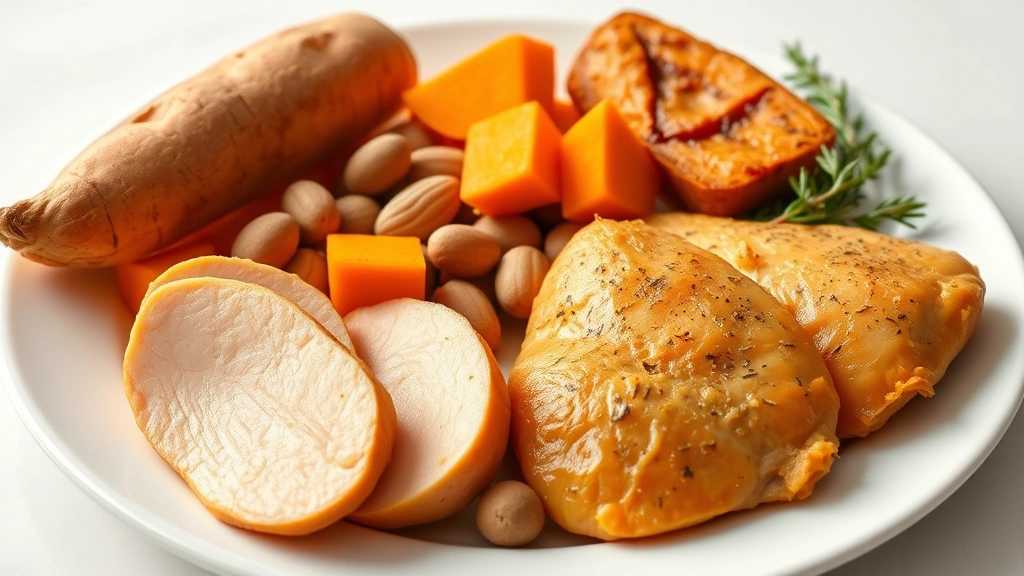 how to treat colitis in dogs -
Photorealistic image of various dog-friendly foods including sweet potato, pump