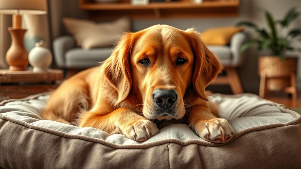 how to treat colitis in dogs -
Photorealistic photo of a calm golden retriever resting comfortably on a soft d