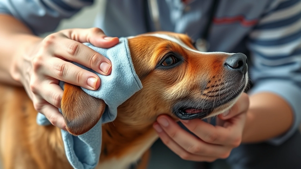 how to treat dog swollen ear flap -
Photorealistic image of a dog owner applying a cold compress wrapped in soft cl