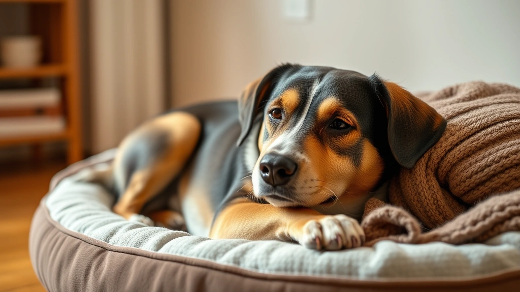 how to treat dog uti at home -
Photorealistic image of a female dog comfortably resting on a soft dog bed with