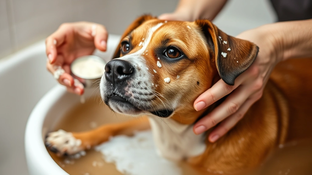 how to treat flea allergy dermatitis in dogs at home -
Photorealistic image of a dog being bathed in warm water with oatmeal mixture, 