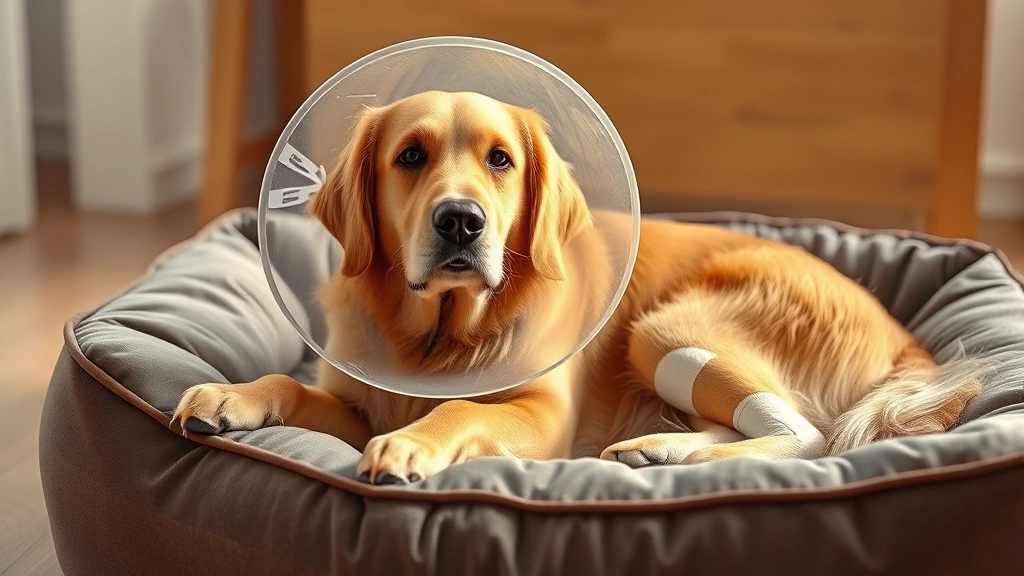 how to treat open sore on dog -
Photorealistic image of a golden retriever wearing a protective cone collar, ly