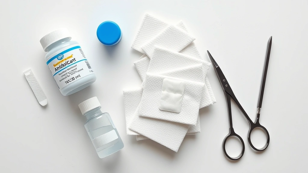 how to treat open sore on dog -
Photorealistic overhead view of dog wound care supplies arranged neatly includi