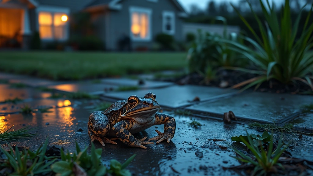 how to treat toad poisoning in dogs at home -
Photorealistic image of a cane toad on wet ground at dusk near a residential ya