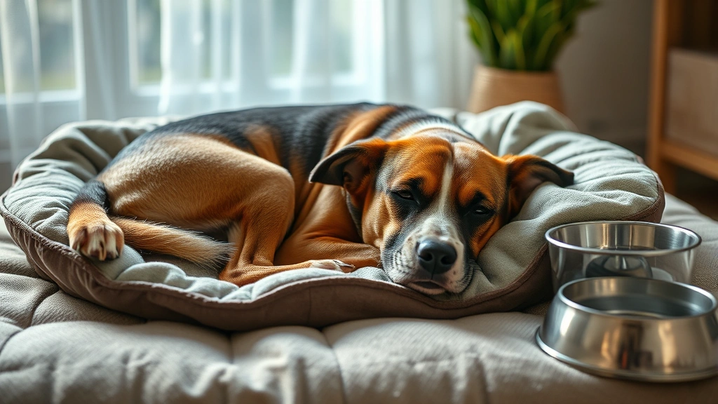 how to treat toad poisoning in dogs at home -
Photorealistic photo of a dog resting on a comfortable bed indoors with a water