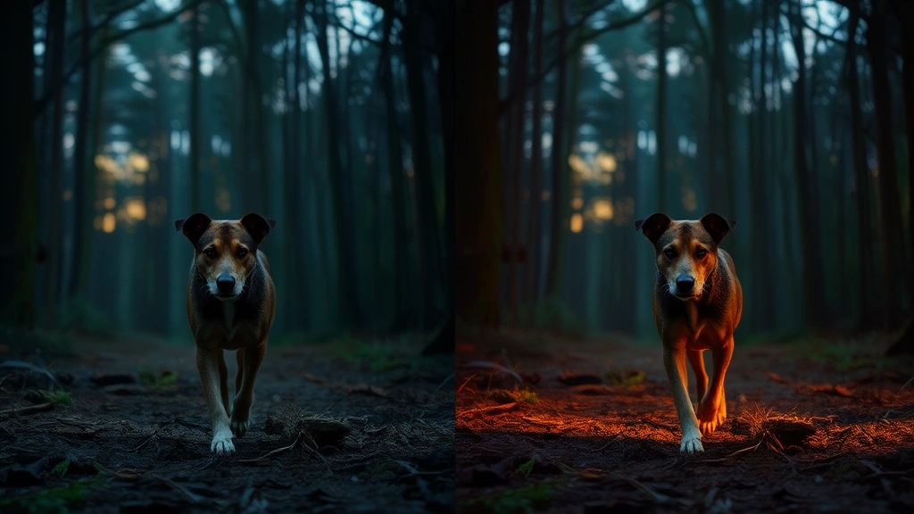 how well can dogs see in the dark -
Photorealistic side-by-side comparison visualization showing a dog confidently 