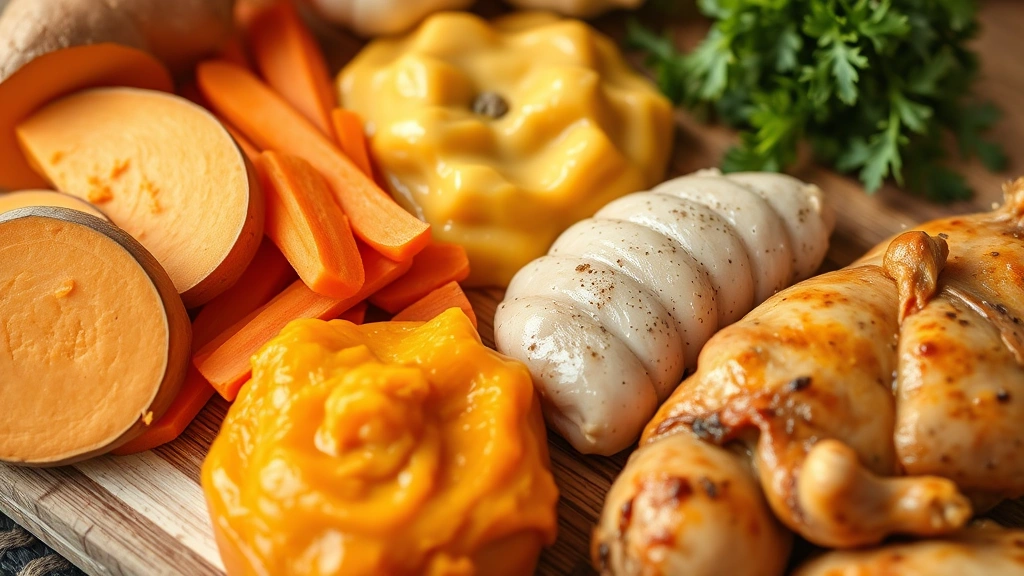 human food alternatives for pets -
Photorealistic close-up of various safe pet foods including sliced sweet potato