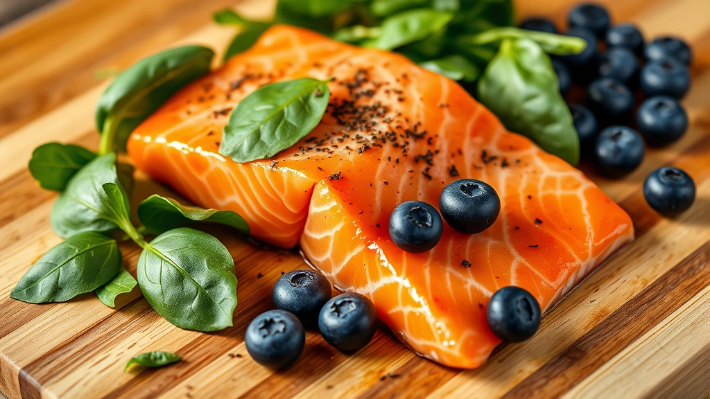 human foods for pets with heart disease -
Photorealistic close-up of fresh salmon fillet, spinach leaves, and blueberries
