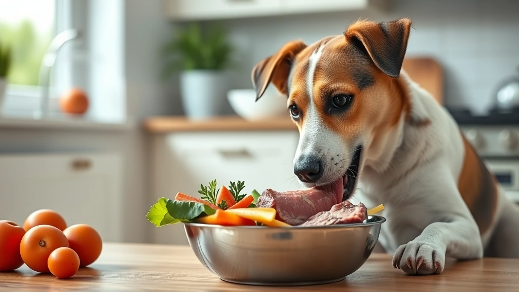 human foods for pets with heart disease -
Photorealistic image of a healthy dog eating from a bowl containing mixed veget