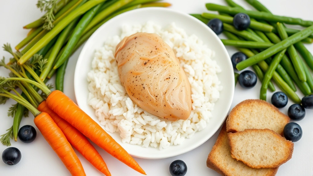 human foods for pets with liver disease -
Photorealistic flat lay of liver-safe pet foods arranged on a white plate: boil