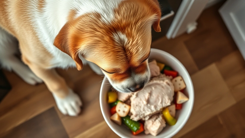 human foods for pets with pancreatitis -
Photorealistic overhead shot of a healthy dog eating from a bowl containing pla