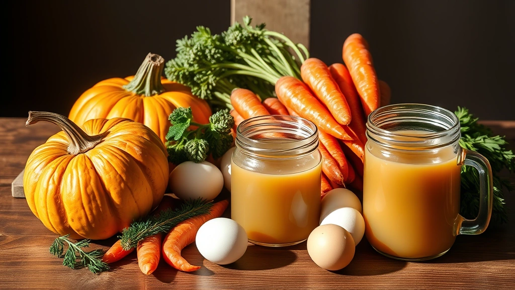 human foods for pets with sensitive stomachs -
Photorealistic image of various pet-safe foods arranged on a wooden table inclu