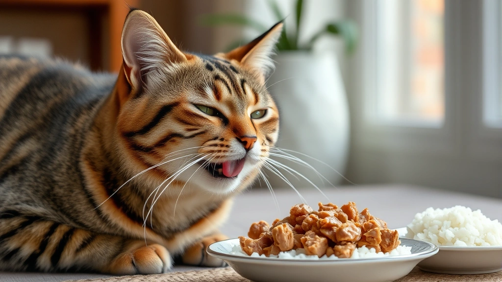 human foods for pets with sensitive stomachs -
Photorealistic image of a content tabby cat licking its lips after eating, with
