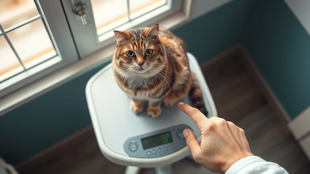 human foods for weight management in pets -
Photorealistic overhead shot of a veterinary scale with a chubby tabby cat sitt