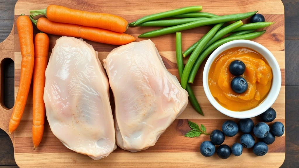 human foods for weight management in pets -
Photorealistic flat-lay arrangement of pet-safe human foods including plain coo