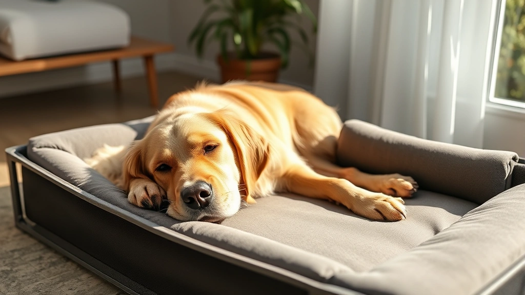 human sized dog bed -
Photorealistic image of a senior golden retriever resting on an elevated coolin