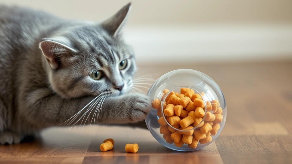hunting feeders for cats -
Photorealistic image of a gray cat using a treat-dispensing ball, actively enga