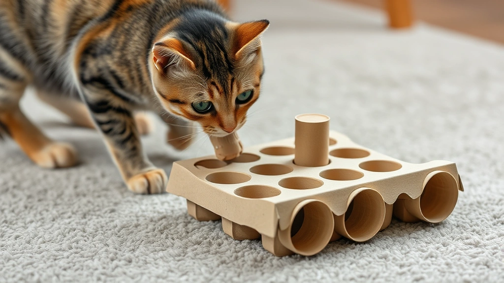 hunting feeders for cats -
Photorealistic image of a cat interacting with a DIY cardboard puzzle feeder ma