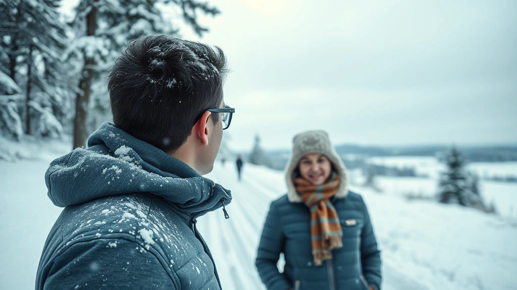 husky and pomeranian dog -
both facing the camera outdoors in a snowy landscape

