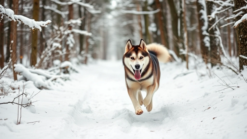 husky and pomeranian dog -
A Husky running energetically through a snow-covered forest trail with tongue o