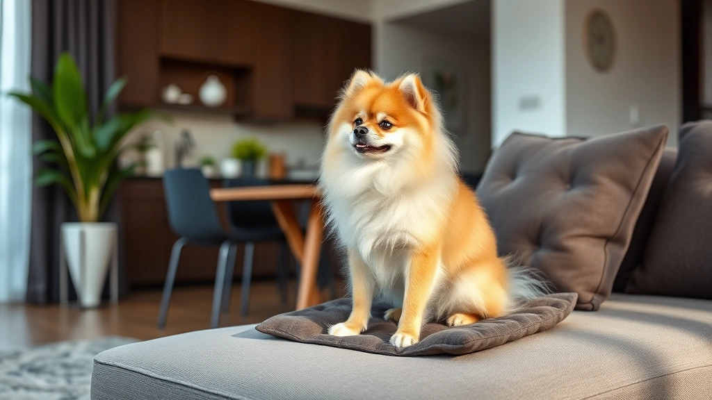 husky and pomeranian dog -
A small Pomeranian sitting on a comfortable couch cushion in a modern apartment