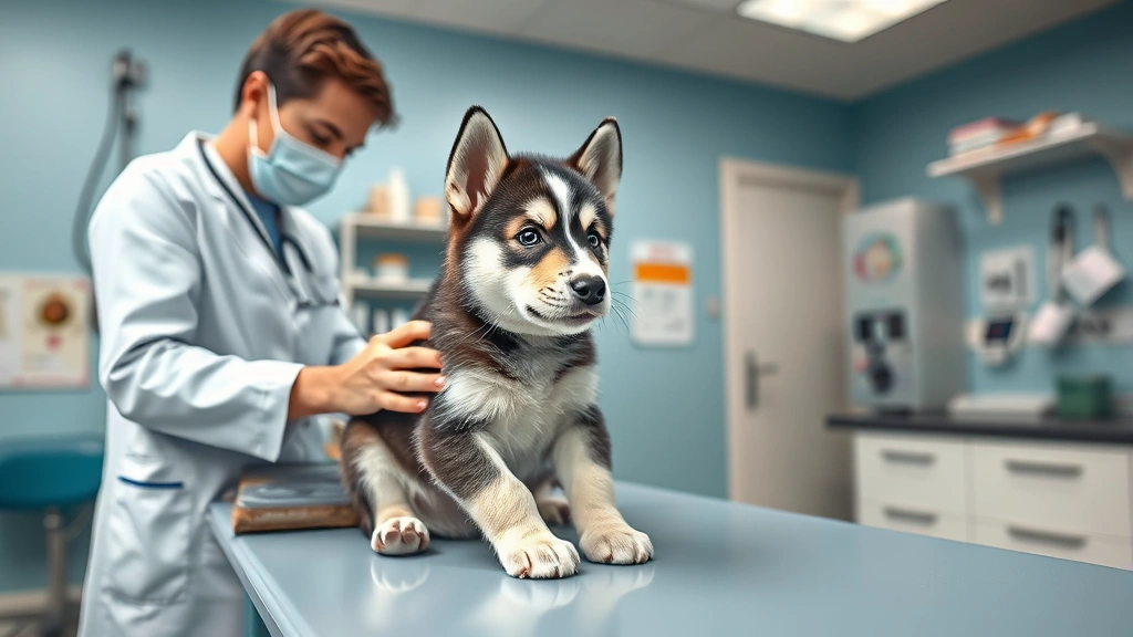 husky teacup dogs -
Photorealistic image of a veterinary clinic interior with a vet examining a sma