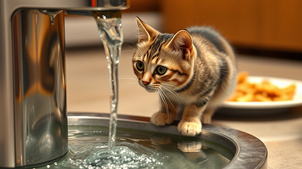 hydration with feeding -
A curious tabby cat approaching a modern water fountain with flowing water, wit