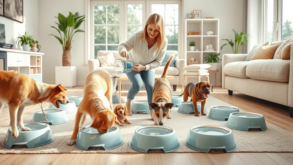 hydration with feeding -
A pet owner pouring fresh water into multiple bowls placed throughout a bright 