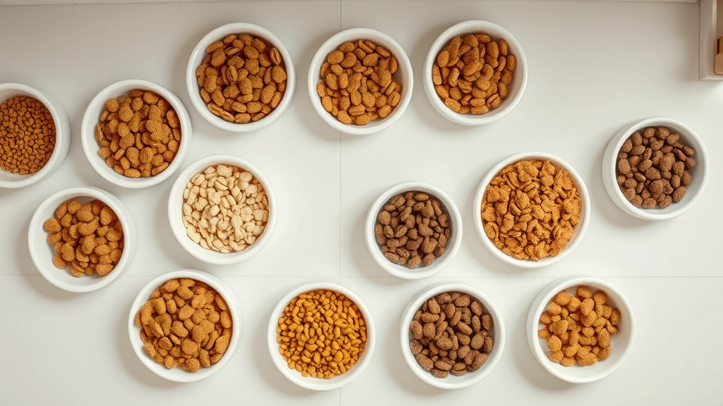 hydrolyzed dog food -
Photorealistic overhead shot of various premium dog food kibble textures and fo