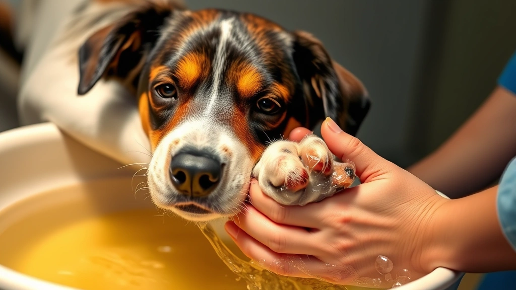 hyperkeratosis in dogs -
Photorealistic image of a dog receiving a therapeutic paw bath or soak in warm 