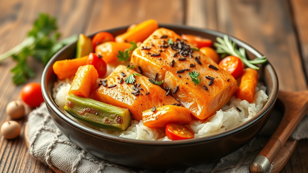 hyperkeratosis in dogs -
Photorealistic image of high-quality dog food with salmon, vegetables, and omeg