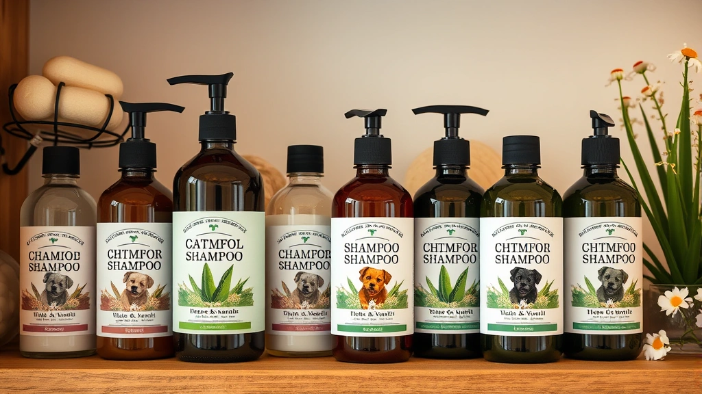 hypo shampoo for dogs -
A variety of dog shampoo bottles arranged on a shelf with oatmeal, aloe vera, a