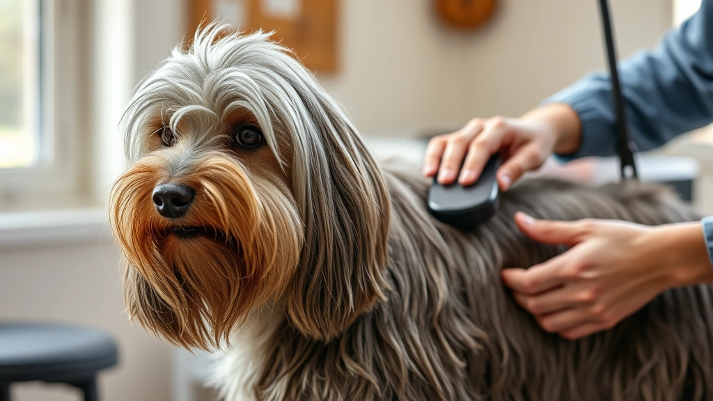 idaho shag dog -
Photorealistic image of an Idaho shag dog being groomed with a slicker brush, s